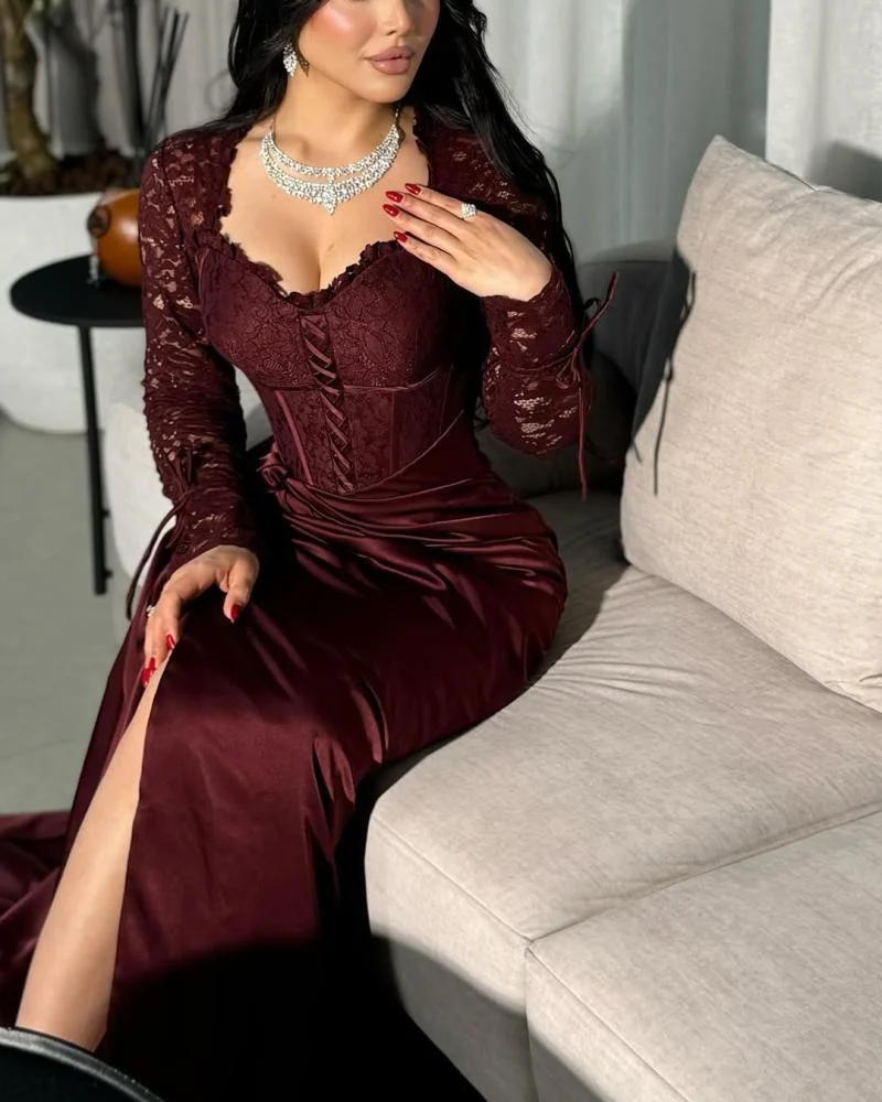 Burgundy Evening Dress Made of Lace and Satin